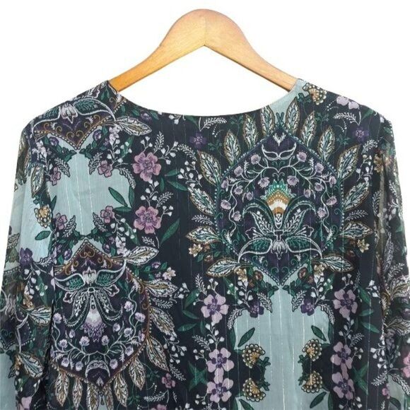 90's Iz Byer Boho Ruffled Bell Sleeve Metallic Threading FLoral Blouse Blue Sz L - Picture 10 of 12